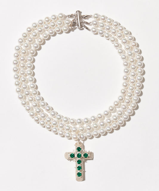 Three Strand Pearl Necklace With Silver Cross